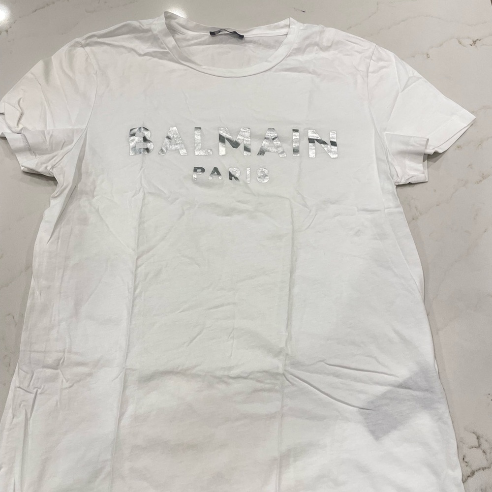Balmain White Tee with Navy Tag - Picture 2 of 4
